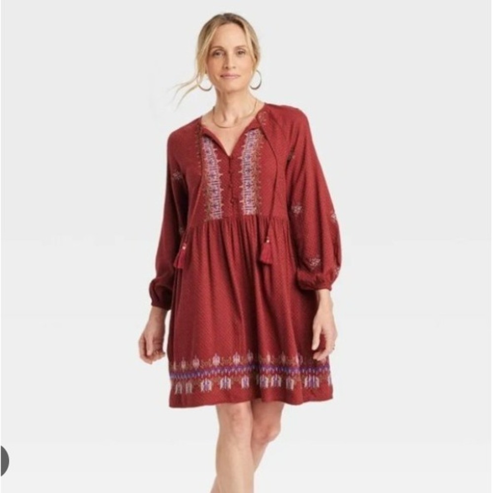 Knox Rose XXL Burgundy Embroidered Boho Peasant Mini Dress Balloon Sleeve